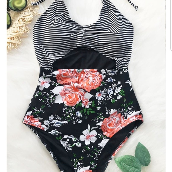striped and floral one piece swimsuit